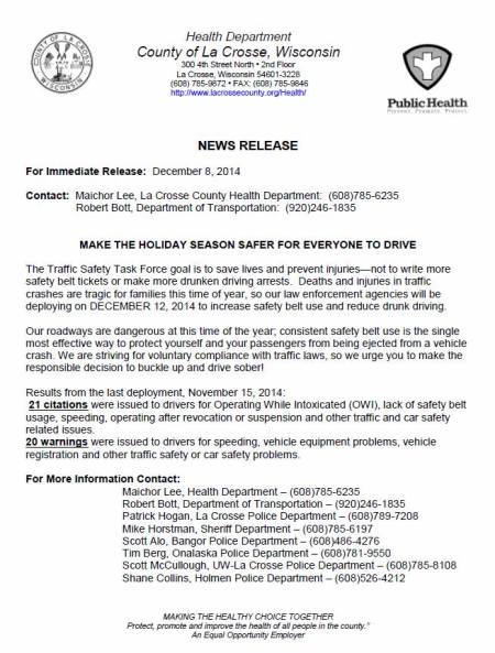 La Crosse County News Release